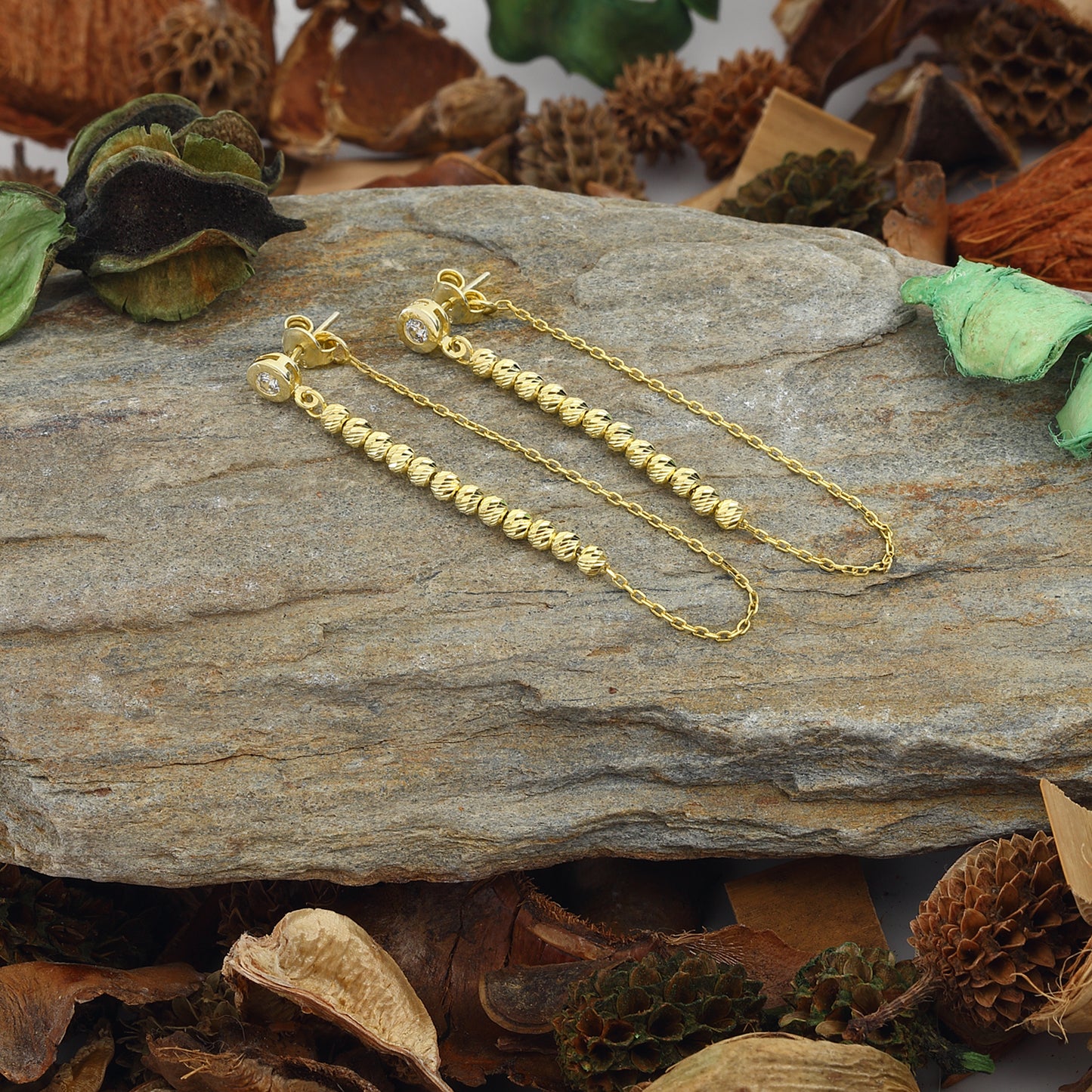 Chain, Clip on Earrings, Drop Zircone 14k Gold Plated 925 Sterling Silver Jewelry
