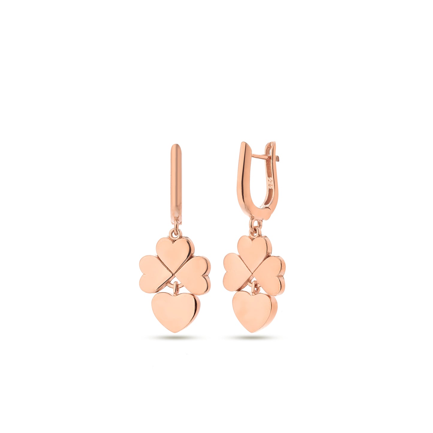 Boucle d'oreille trèfle, cœur, bonne chance, bijoux en argent sterling 925 plaqué or rose 14 carats