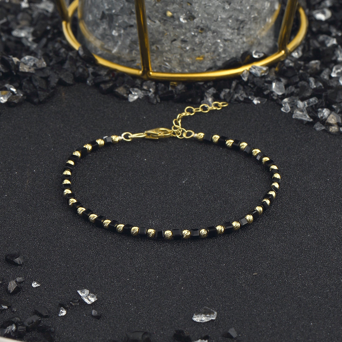Crystals Onix, Silver Bead Bracelet 14k Gold Plated 925 Sterling Silver Jewelry