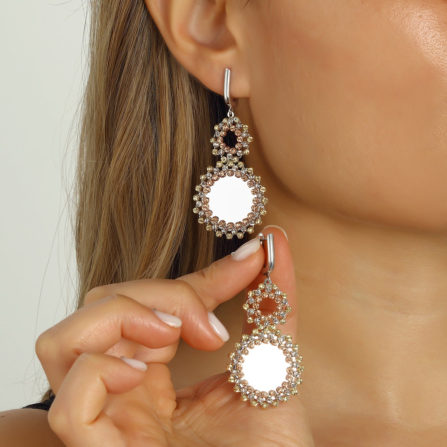Earrings Dangling, Silver Bead Embroidered, Silver Mirror, Clip on earrings 925 Sterling Silver Jewelry
