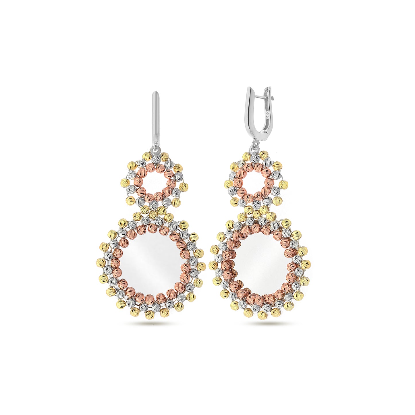 Earrings Dangling, Silver Bead Embroidered, Silver Mirror, Clip on earrings 925 Sterling Silver Jewelry