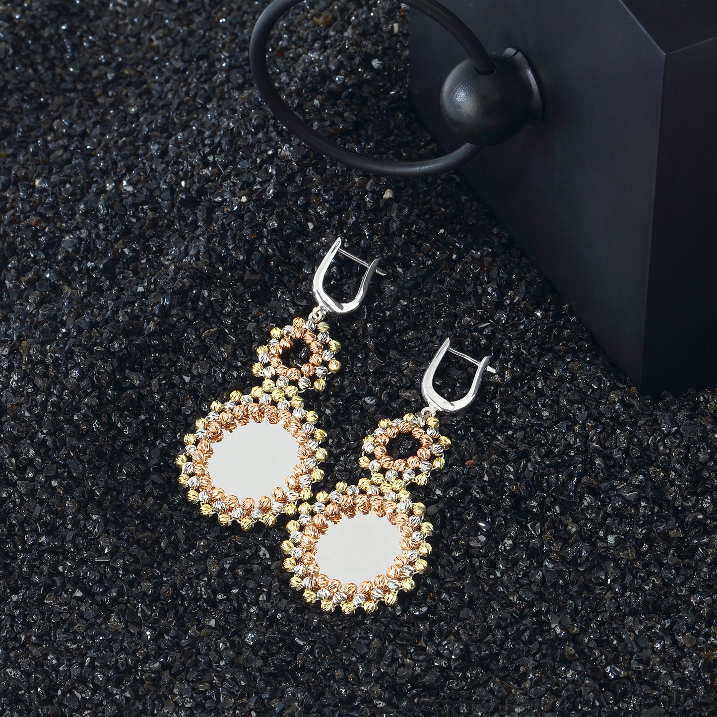 Earrings Dangling, Silver Bead Embroidered, Silver Mirror, Clip on earrings 925 Sterling Silver Jewelry