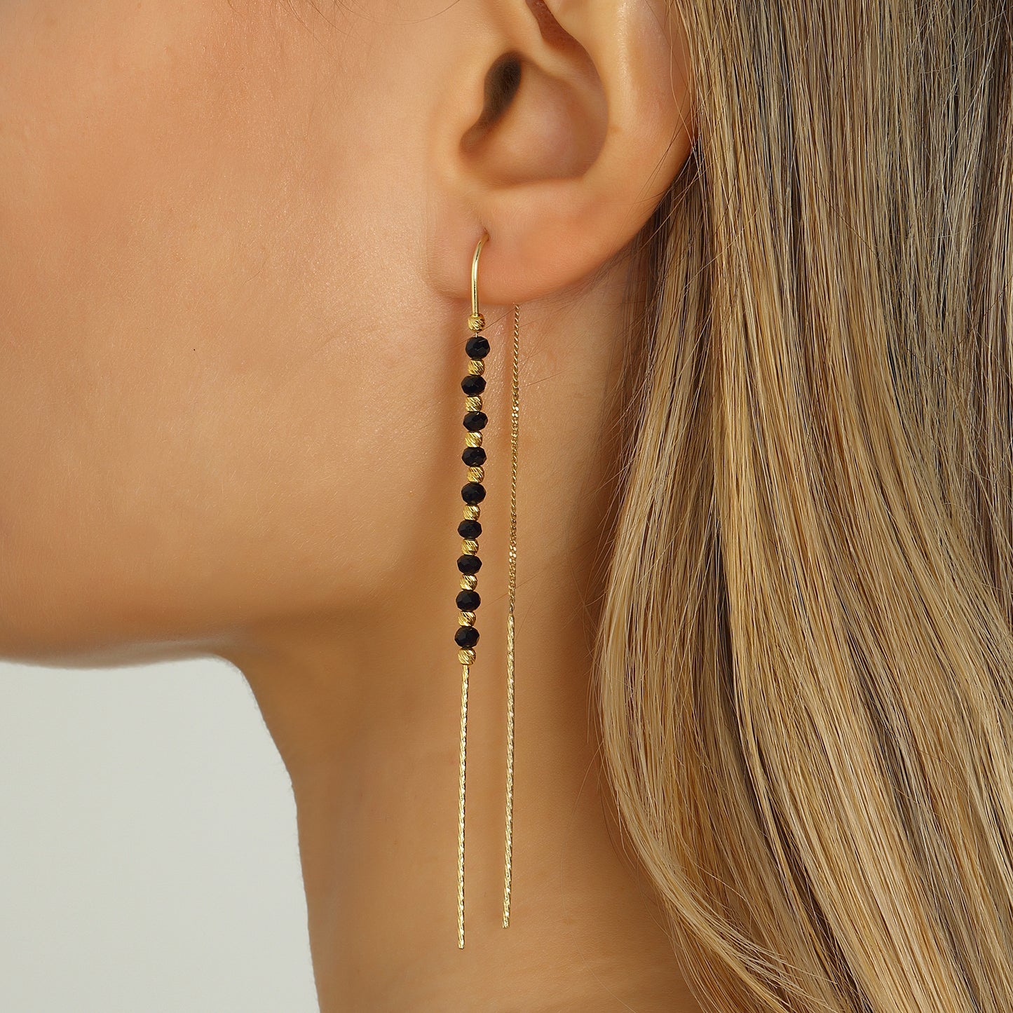 Threader Onyx, Zircon, Bead, Chain, Dangle Earrings 14k Gold Plated 925 Sterling Silver Jewelry