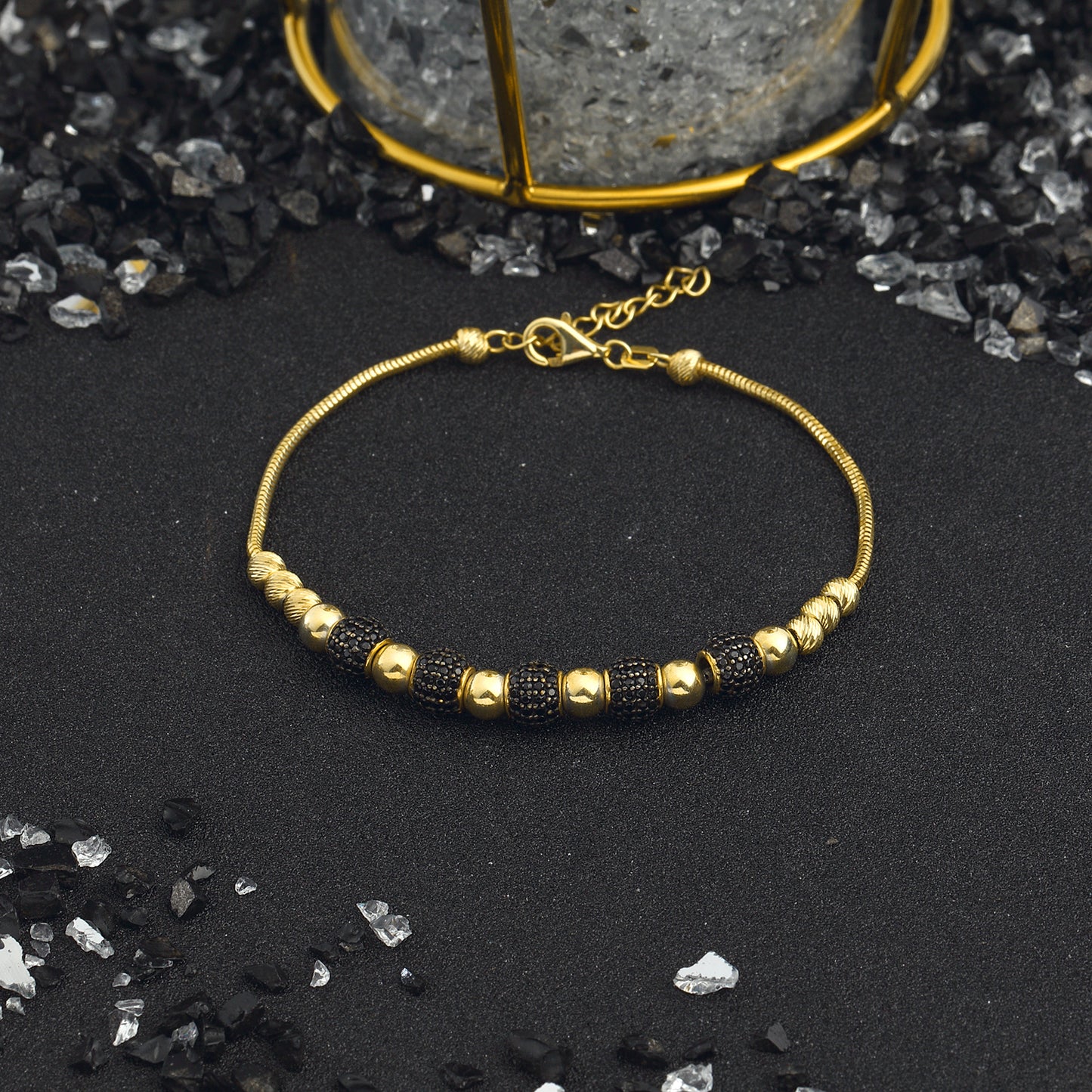 Pearl Bracelet Bead Black Onix Zorkon Stone, Bead Gold 14k Gold Plated 925 Sterling Silver Jewelry