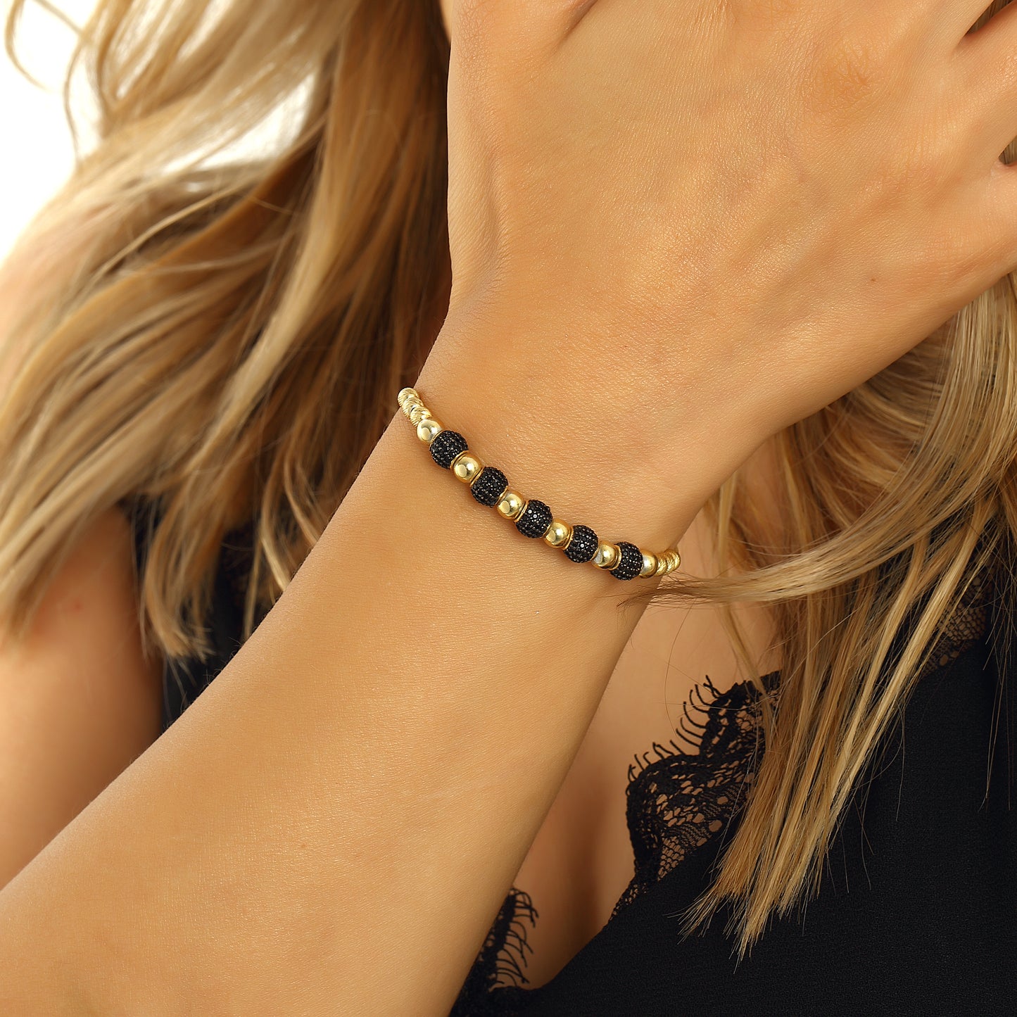 Pearl Bracelet Bead Black Onix Zorkon Stone, Bead Gold 14k Gold Plated 925 Sterling Silver Jewelry