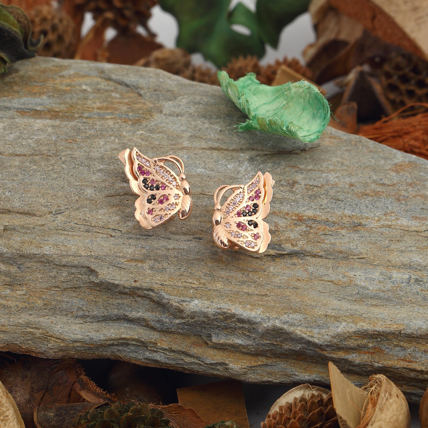 Boucles d'oreilles papillon en argent sterling 925 plaqué or rose 14 carats