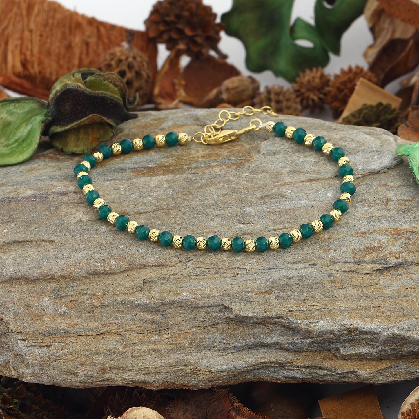 Cristaux Émeraude, Bracelet de perles d'argent Plaqué or 14 carats Bijoux en argent sterling 925