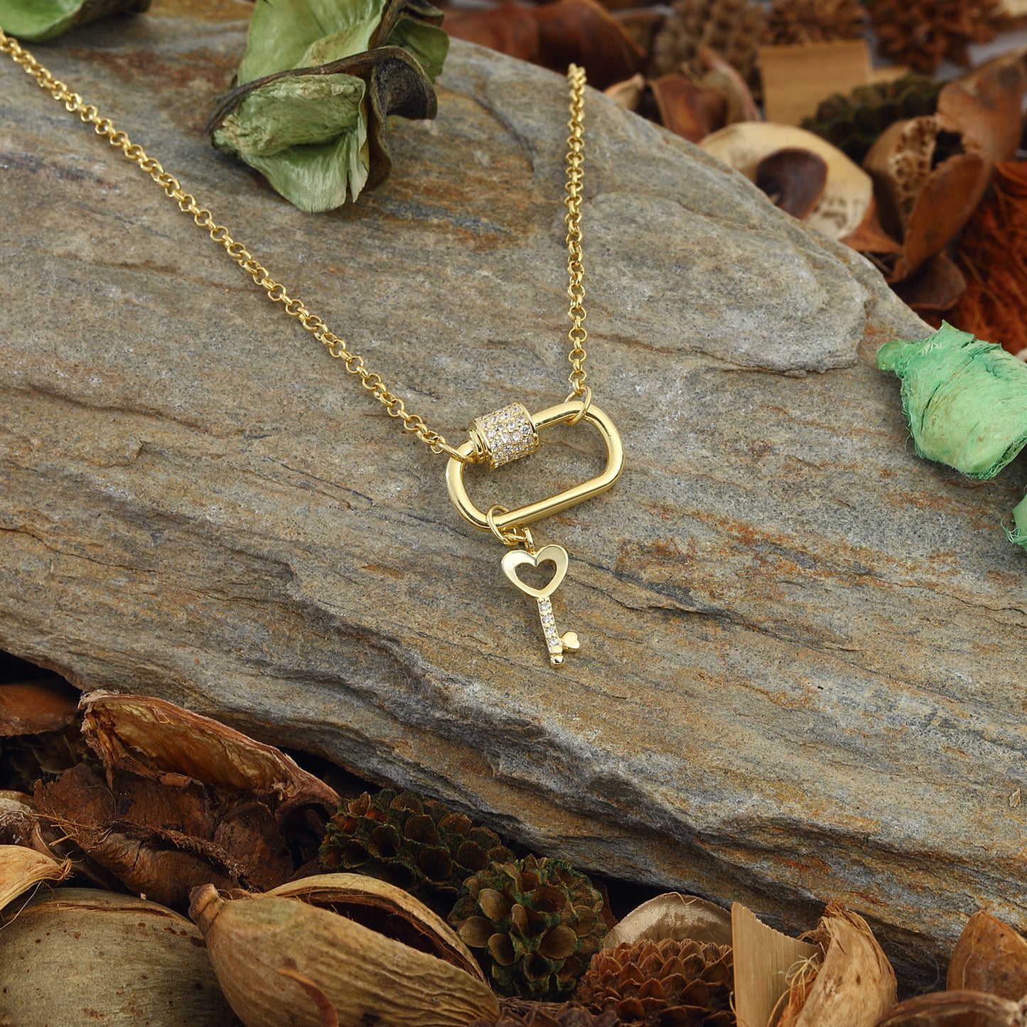Love Locks, Love Key, Zircon Stone and 14k Gold Plated 925 Sterling Silver Jewelry