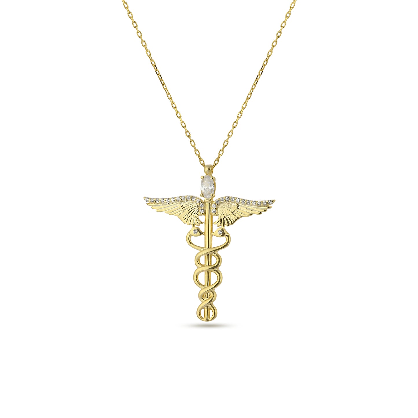 Caduceus Chakra Hermes Necklace, Pendant 14k Gold Plated 925 Sterling Silver Jewelry