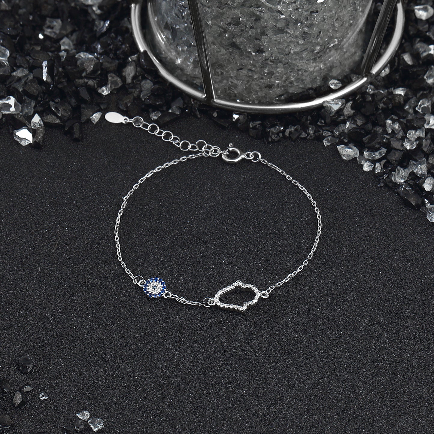 Dainty Evil Eye and Hamsa-Hand of Fatima Fluid Chains silver bracelets 925 Sterling Silver Jewelry