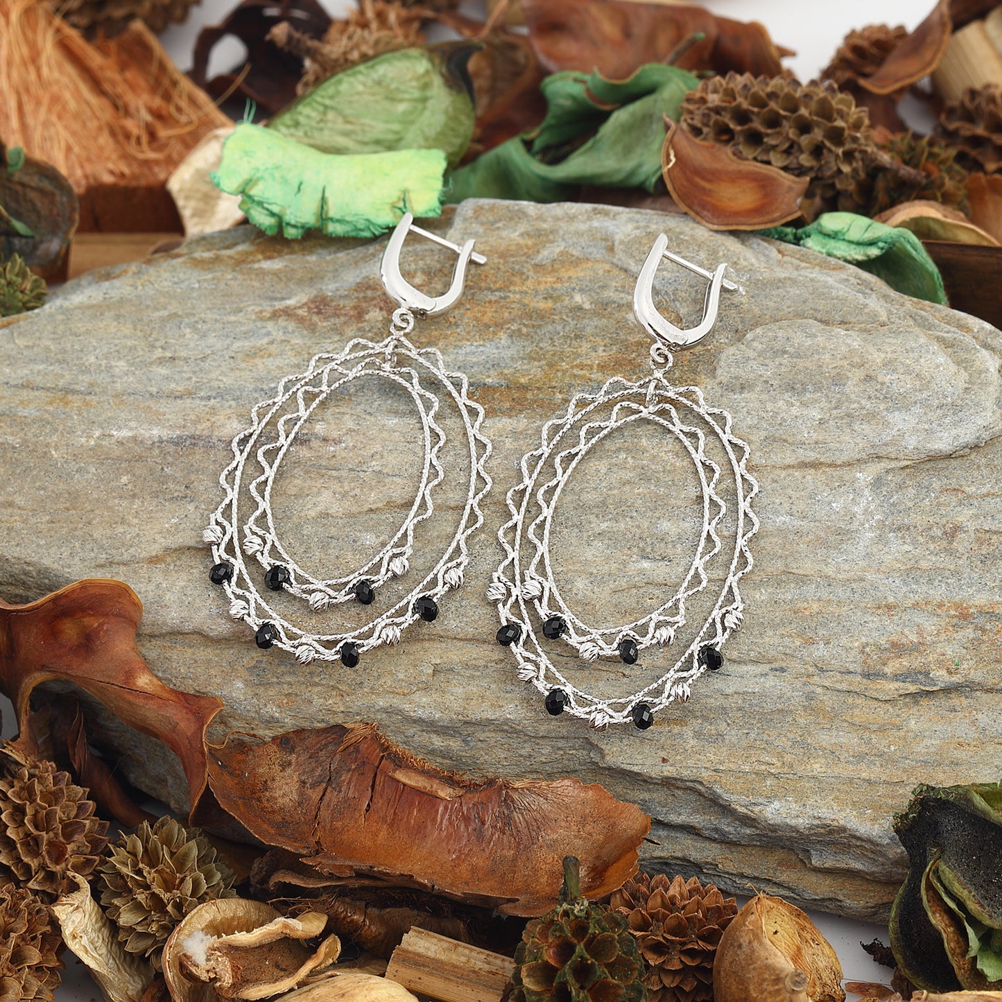 Custom Double Hoop Earrings Silver Bead Embroidered 925 Sterling Silver Jewelry