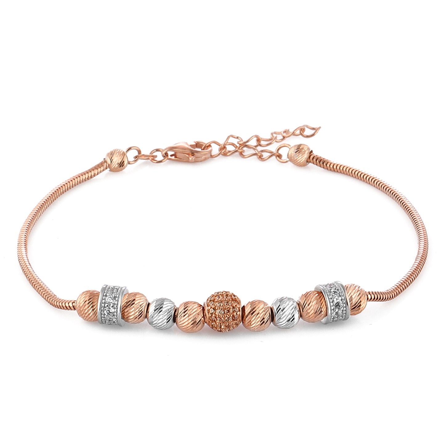 Silver Bead Bracelet Decorated with Zircon Stones 14k Rose Gold Plated 925 Sterling Silver Jewelry