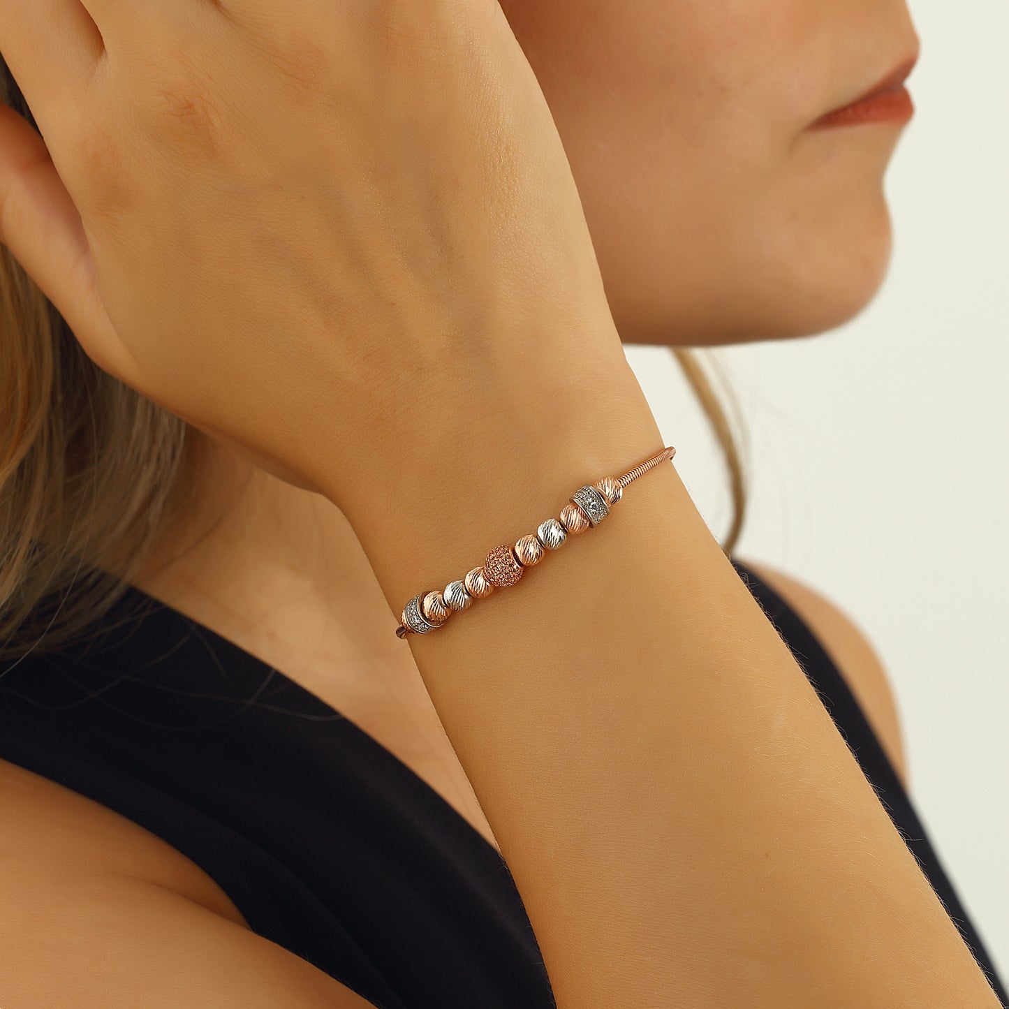 Silver Bead Bracelet Decorated with Zircon Stones 14k Rose Gold Plated 925 Sterling Silver Jewelry