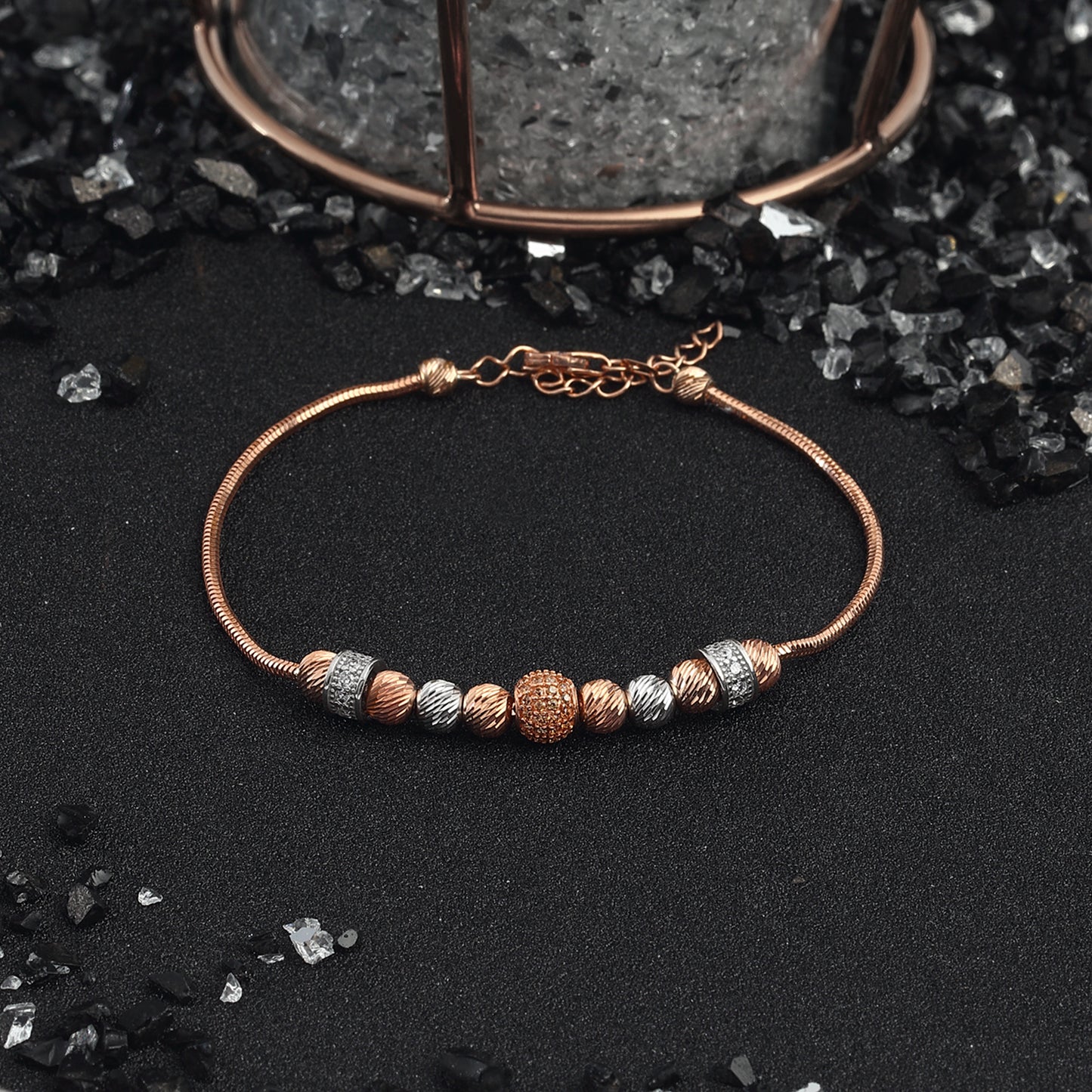 Silver Bead Bracelet Decorated with Zircon Stones 14k Rose Gold Plated 925 Sterling Silver Jewelry