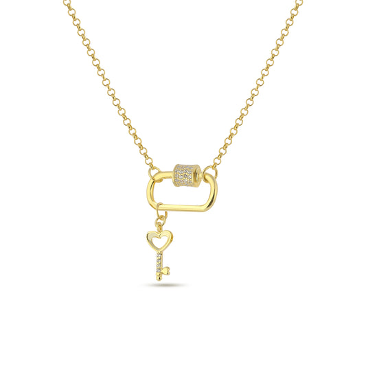 Love Locks, Love Key, Zircon Stone and 14k Gold Plated 925 Sterling Silver Jewelry