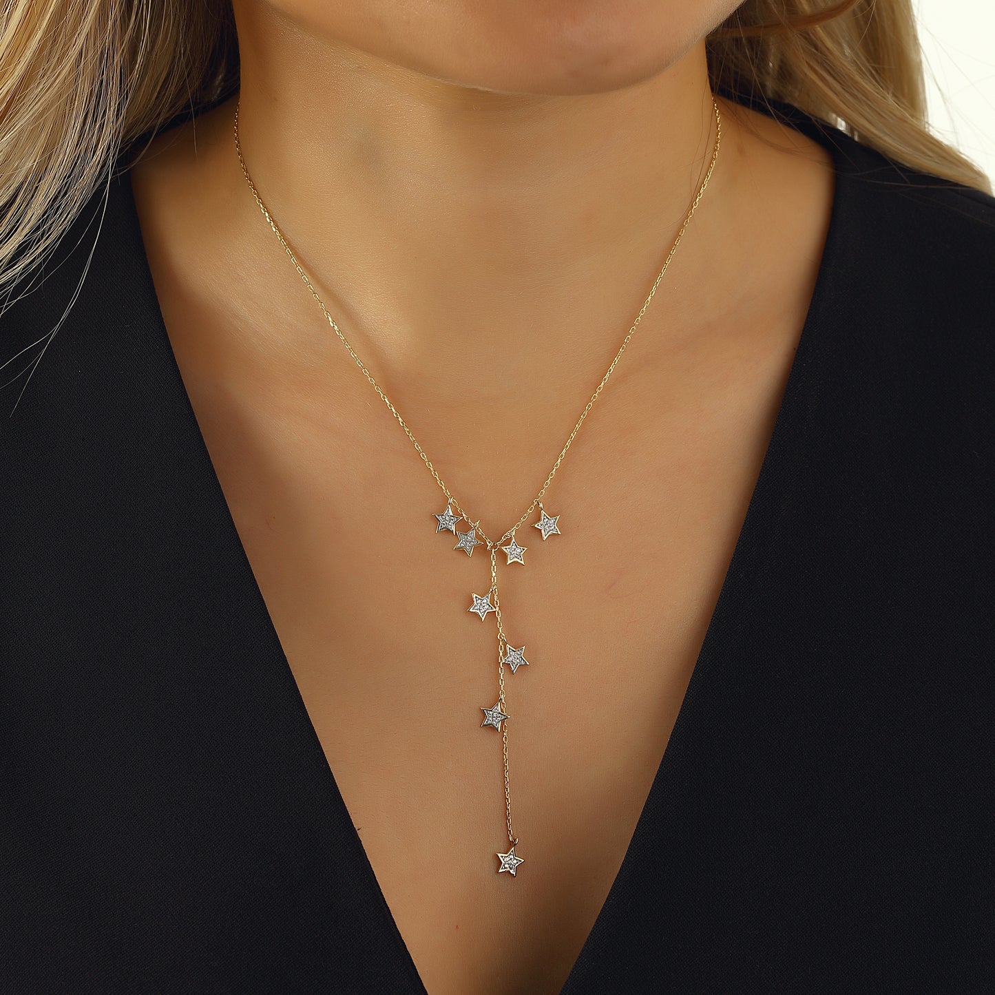 Star Cluster Necklace, Diamond Zirkon Stoney 14k Gold Plated 925 Sterling Silver Jewelry